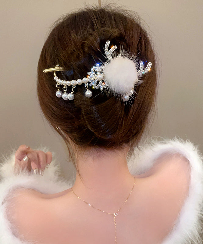 White Alloy Pearl Zircon Antler Snowflake Hairpin
