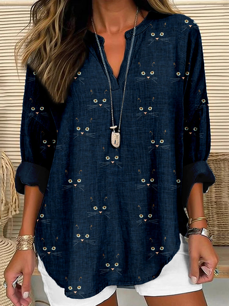 Cute Cat Face Pattern Linen Blend Cozy Shirt elevenforest