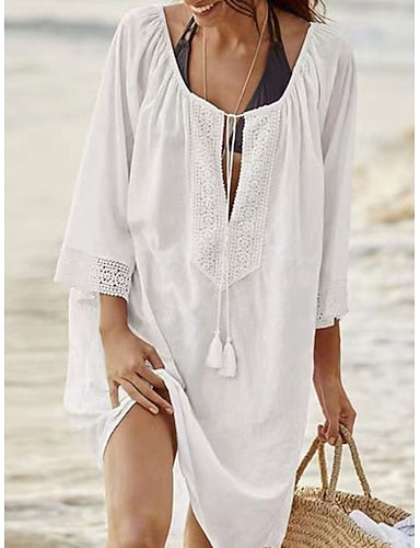 Swimwear Cover Up Beach Dresses Swimsuit Tie Front Vacation Beach Wear Color V Neck Long Sleeve