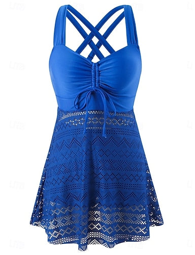 Tankini 2 Piece Swimsuit Dress Shorts Tummy Control High Waist Slim Backless Vacation Beach Wear Color V Neck Sleeveless Bathing Suits