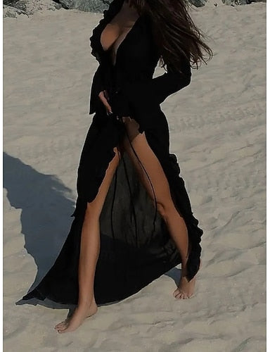 Swimwear Cover Up Swim Dress Dress Swimsuit Ruched Tie Front Vacation Beach Wear Plain V Neck Long Sleeve Bathing Suits