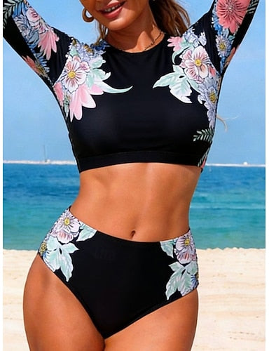 Swimwear Bikini 2 Piece Briefs Swimsuit Slim Backless Vacation Beach Wear Round Neck Long Sleeve Bathing Suits