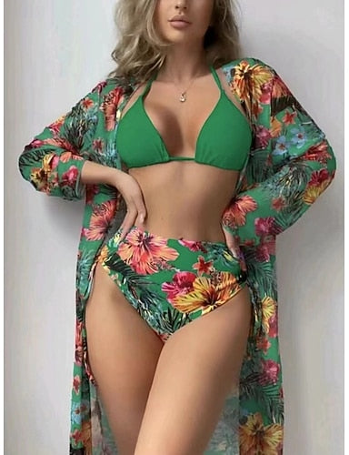 Swimwear Bikini Three Piece Briefs Swimsuit Slim Backless Vacation Beach Wear Halter Neck Long Sleeve Bathing Suits