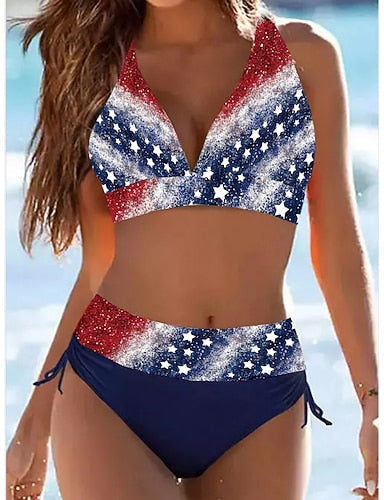 Swimwear Bikini 2 Piece Cheeky Swimsuit Slim Backless Vacation Beach Wear Flag Halter Neck Sleeveless Bathing Suits