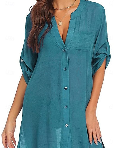 Mini Dress White Dress Beach Dress Black Dress Cover Up Classic Daily Outdoor Beach Loose Fit Plain Half Sleeve V Neck Blue Black White Army Green Summer Spring