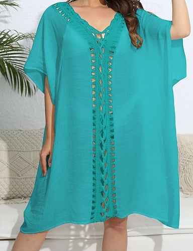Swimwear Cover Up Swim Dress Rash Guard Swimsuit Cut Out Vacation Beach Wear Color V Neck Short Sleeves Bathing Suits