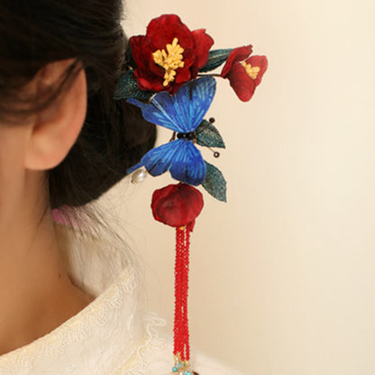 Chinese Hairpin | Red Flower & Blue Butterfly Design
