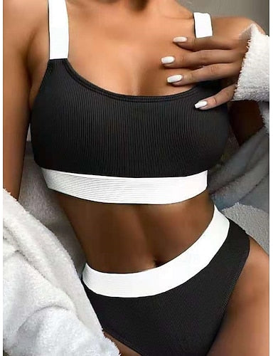 Swimwear Bikini 2 Piece High Waist Swimsuit Patchwork Slim Backless Vacation Beach Wear Stripe U Neck Sleeveless Bathing Suits