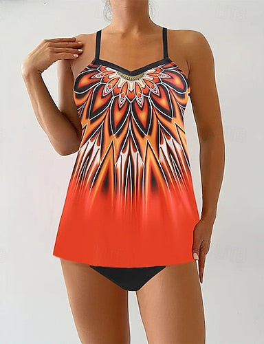Swimwear 2 Piece Cheeky Swimsuit Backless Vacation Beach Wear Graphic Round Neck Sleeveless Bathing Suits