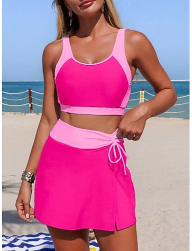 Swimwear Bikini 2 Piece Skirt Swimsuit Tummy Control High Waist Slim Backless Vacation Beach Wear Color Scoop Neck Sleeveless Bathing Suits