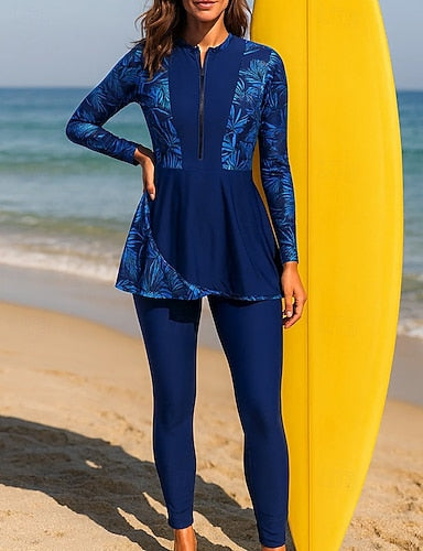 Rash Guard Bathing Suit 2 Pieces Tropical Zip Up Uv Protection Elastic Long Sleeve Swimwear Surfing Beach Swimming Spring