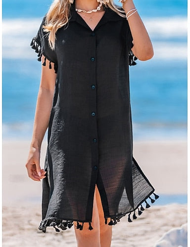 Knee Length Dress Beach Dress Black Dress Cover Up Classic Daily Outdoor Beach Loose Fit Plain Short Sleeve Shirt Collar Black Summer Spring
