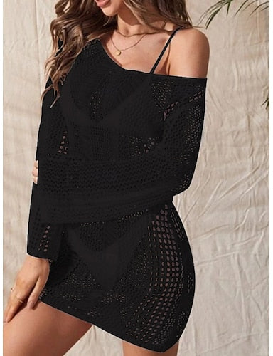 Cover Up Swimsuit Dress Cut Out Knitted Vacation Beach Wear Color V Neck Long Sleeve Bathing Suits