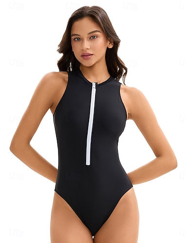 Rash Guard One Piece Swimsuit Colored Front Zip Spandex Uv Sun Protection Upf50+ Quick Dry Sleeveless Bodysuit Bathing Suit Surfing Beach Water Sports Summer