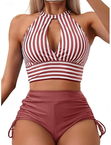 Bikini 2 Piece Swimsuit Colorblock Briefs Slim Backless Vacation Beach Wear Striped Halter Neck Sleeveless Bathing Suits
