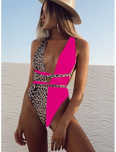 One Piece Swimsuit Slimming Leopard Monokini Tummy Control High Waist Slim Backless Vacation Beach Wear V Neck Sleeveless Bathing Suits