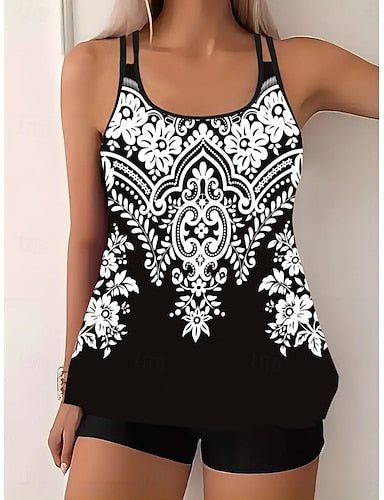 Tankini 2 Piece Swimsuit Palm Boy Leg Tummy Control High Waist Slim Backless Vacation Beach Wear Leaves U Neck Sleeveless Bathing Suits