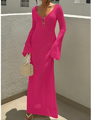 Swimwear Cover Up Swim Dress Swimsuit Crochet Vacation Beach Wear Color V Neck Long Sleeve Bathing Suits