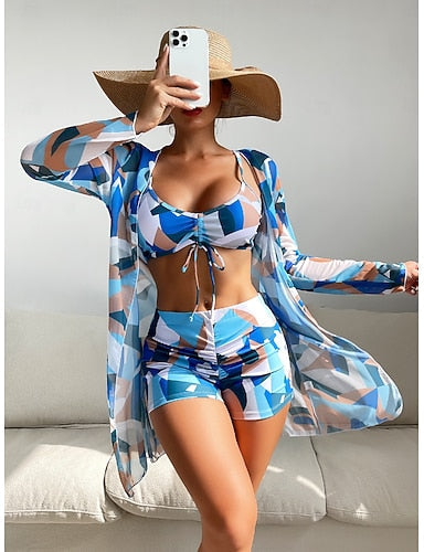 Bikini 3 Piece Swimsuit Shorts Slim Backless Vacation Beach Wear Geometric Color Block V Neck Sleeveless Long Sleeve Bathing Suits