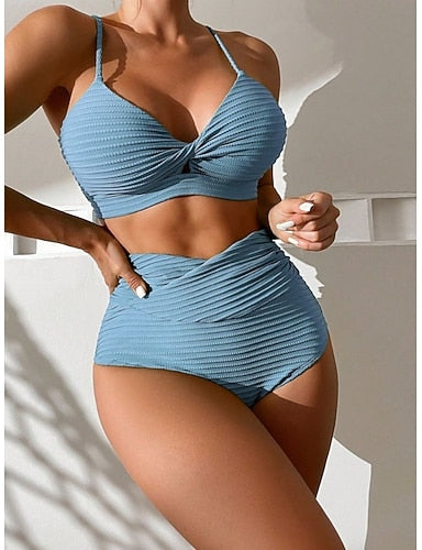 Bikini 2 Piece Swimsuit Ruched Underwire Briefs Slim Backless Vacation Beach Wear Color V Neck Sleeveless Bathing Suits