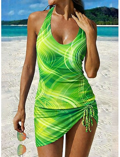 Swimwear Tankini Skirt Swimsuit Drawstring Vacation Graphic Geometic V Neck Sleeveless Bathing Suits