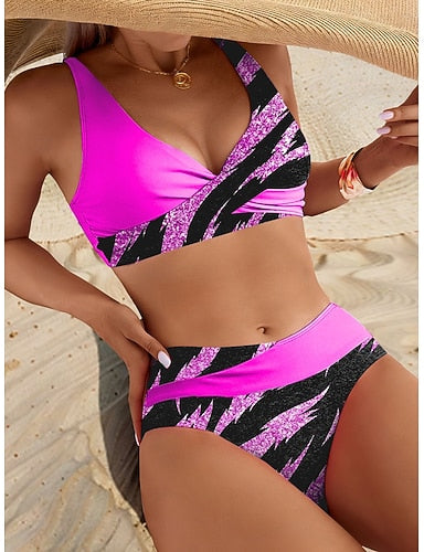 Swimwear Bikini Cheeky Swimsuit Vacation Graphic Striped V Neck Sleeveless Bathing Suits