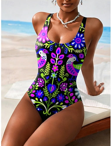 Swimwear One Piece High Cut Swimsuit Beach Wear Summer Graphic Geometic U Neck Sleeveless Bathing Suits