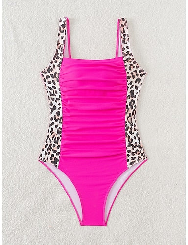 One-piece Tummy Control Bathing Suits Scoop Neck Leopard Print Panels Racerback Ruched Summer Beachwear Quick-dry Stretch Fabric Full Size Black Swimsuit