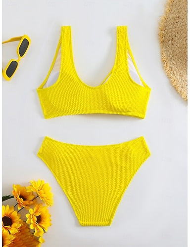 Bikini 2 Piece Swimsuit Ruched Underwire Cheeky Slim Backless Vacation Beach Wear Color V Neck Sleeveless Bathing Suits