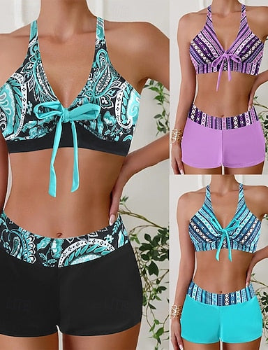 Swimwear 2 Piece Briefs Swimsuit Patchwork Backless Vacation Beach Wear V Neck Sleeveless Bathing Suits