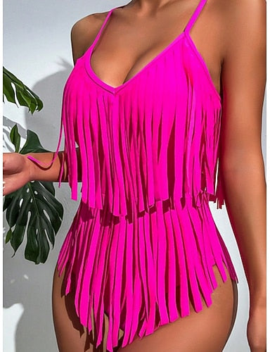 One Piece Swimsuit Monokini Tummy Control High Waist Slim Fringe Backless Vacation Beach Wear Color V Neck Sleeveless Bathing Suits