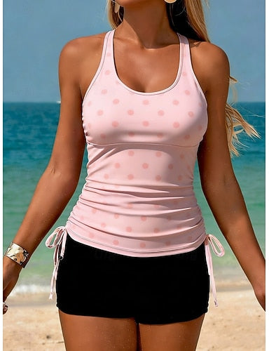 Swimwear Tankini 2 Piece High Waist Swimsuit Tummy Control High Waist Slim Backless Vacation Beach Wear Polka Dot U Neck Sleeveless Bathing Suits