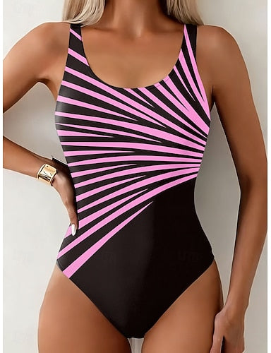 Swimwear One Piece Briefs Swimsuit Vacation Graphic Geometric Round Neck Sleeveless Bathing Suits