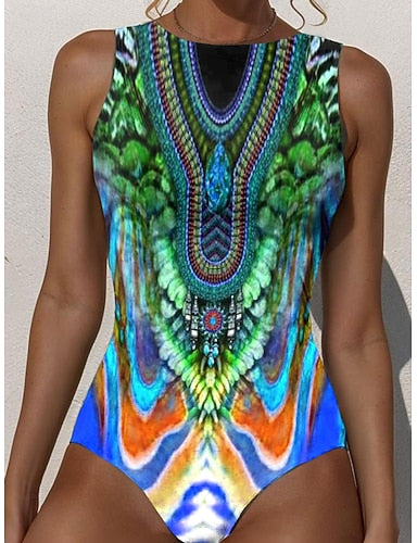 One Piece Swimsuit Slimming Monokini Briefs Tummy Control High Waist Slim Backless Vacation Beach Wear Graphic Round Neck Sleeveless Bathing Suits