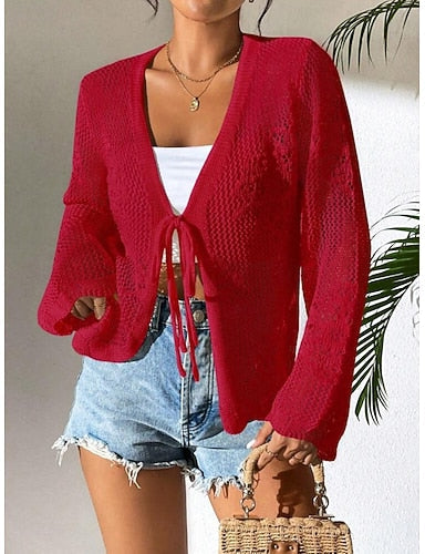 Swimwear Cover Up Rash Guard Swimsuit Tie Front Cut Out Vacation Beach Wear Plain V Neck Long Sleeve Bathing Suits