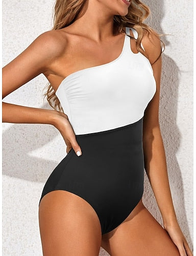 One Piece Swimsuit Slimming One Shoulder Colorblock Monokini Tummy Control High Waist Slim Backless Vacation Beach Wear Color Graphic Asymmetric Neck Sleeveless Bathing Suits
