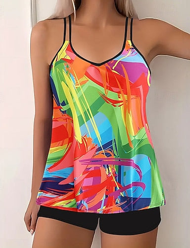 Swimwear 2 Piece Shorts Swimsuit Backless Vacation Beach Wear Graphic Color Block V Neck Sleeveless Bathing Suits