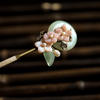 Copper Jade Shell Flower Leaves Luck Hairpin | Chinese Hairpins