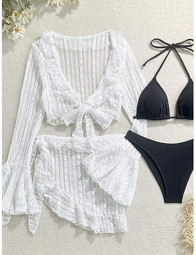 Swimwear Bikini Three Piece Cheeky Swimsuit Slim Backless Vacation Beach Wear Color Halter Neck Sleeveless Long Sleeve Bathing Suits