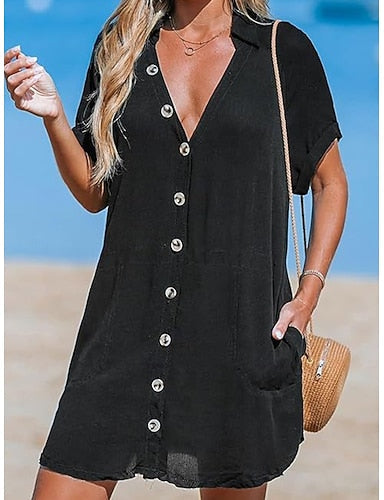 Mini Dress White Dress Beach Dress Black Dress Shirt Dress Classic Daily Outdoor Beach Loose Fit Plain Short Sleeve V Neck Black White Pink Summer Spring