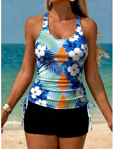 Swimwear Tankini 2 Piece High Waist Swimsuit Tummy Control High Waist Slim Backless Vacation Beach Wear U Neck Sleeveless Bathing Suits