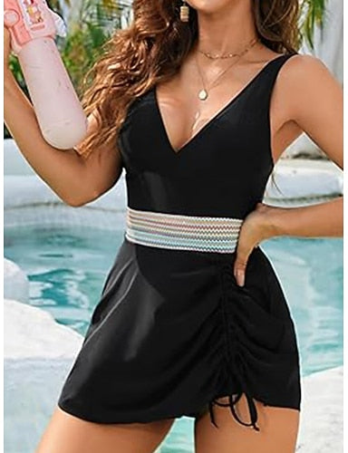 Swimwear One Piece Monokini Swimsuit Tummy Control High Waist Slim Backless Vacation Beach Wear Color V Neck Sleeveless Bathing Suits