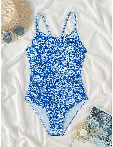 One Piece Swimsuit Slimming Palm Monokini Tummy Control High Waist Slim Backless Vacation Beach Wear Round Neck Sleeveless Bathing Suits