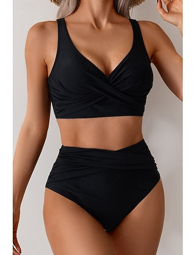 Swimwear Bikini Swimsuit Ruched High Waisted Tropical Beach Wear Plain V Wire Sleeveless Bathing Suits