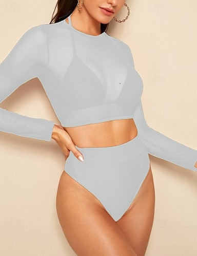 Bikini Sets High Waisted Bikini Colored Mesh Uv Protection Elastic Long Sleeve Swimwear Swimsuit Surfing Diving Swimming Summer