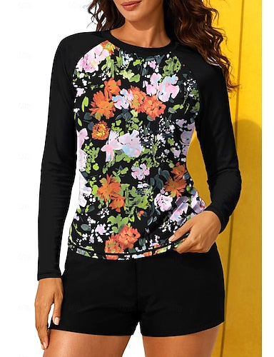 Regular Rash Guard Swimsuit Rash Guard Print Swimsuit Tropical Color-blocking 2 Piece Removable Pad Boyleg Uv Sun Protection Upf50+ Elastic Long Sleeve Swimwear Sun Shirt