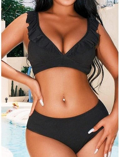 Swimwear Bikini 2 Piece Briefs Swimsuit Ruffle Slim Backless Vacation Beach Wear Striped V Neck Sleeveless Bathing Suits