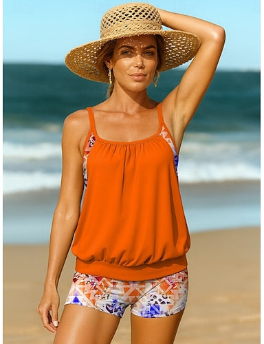 Tankini 2 Piece Swimsuit Briefs Active Vacation Ombre Graphic U Neck Sleeveless Bathing Suits