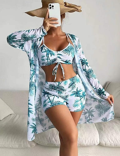 Bikini 3 Piece Swimsuit Palm Boy Leg Slim Backless Vacation Beach Wear Halter Neck Sleeveless Long Sleeve Bathing Suits