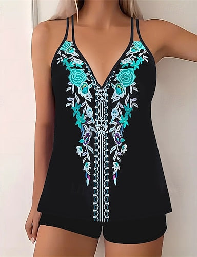 Tankini Two Piece Swimsuit V Neck Swimwear Swimwear Black Purple Breathable Quick Dry Lightweight Sleeveless - Swimming Surfing Beach Summer Spring